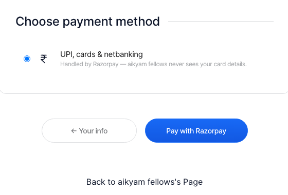 The payment step: UPI, cards and net banking through Razorpay