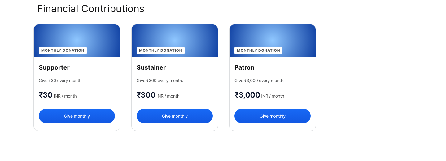 An organisation's page, with its monthly contribution tiers