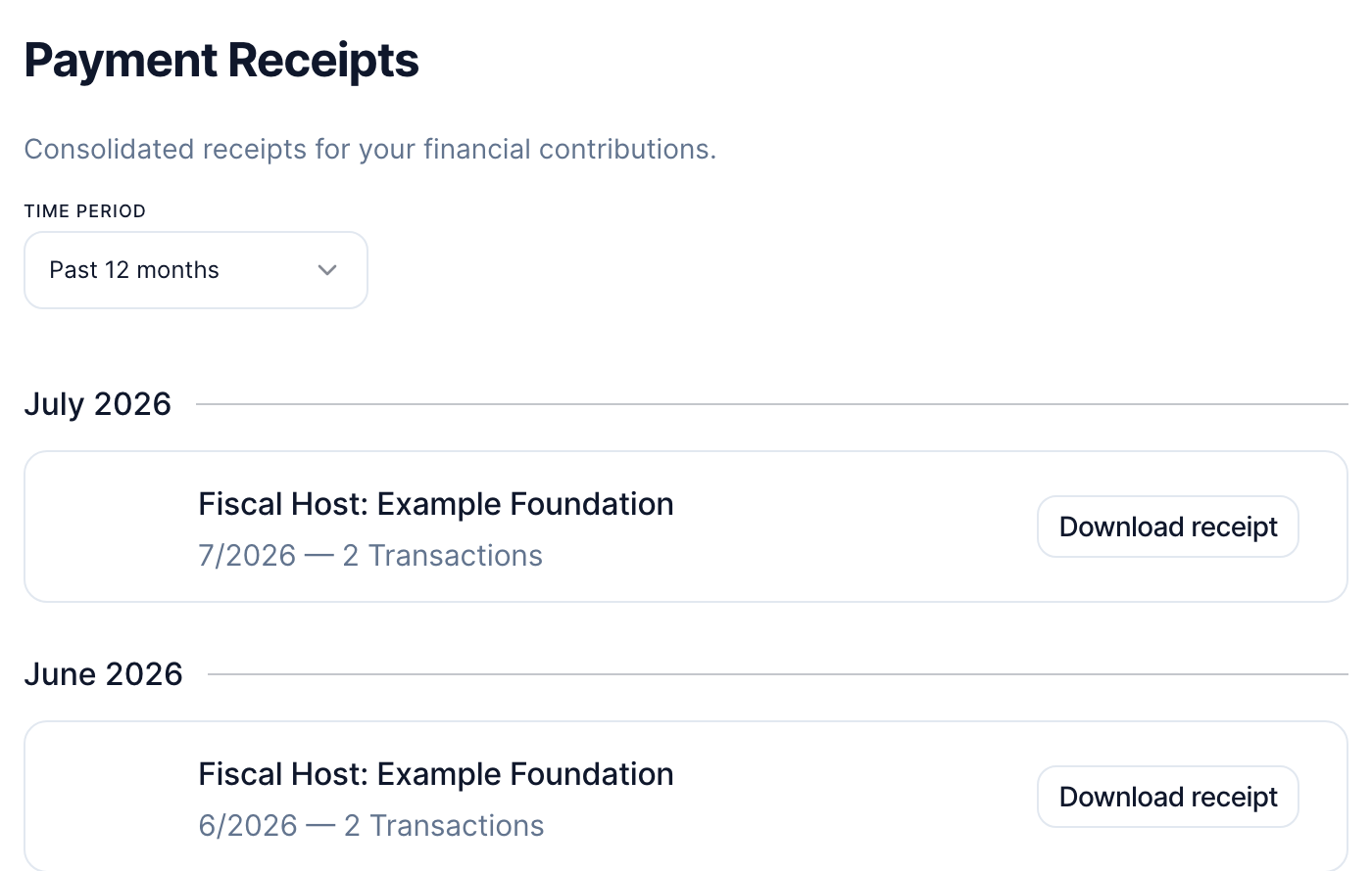 The Payment Receipts dashboard section, listing receipts by month